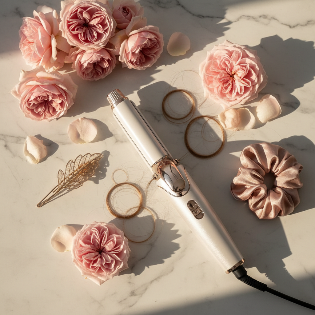 Cordless automatic hair curler on marble surface with pink roses and gold accessories