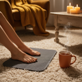 EMS foot massager mat with bare feet resting on it in a cozy living room with warm lighting and a cup of tea