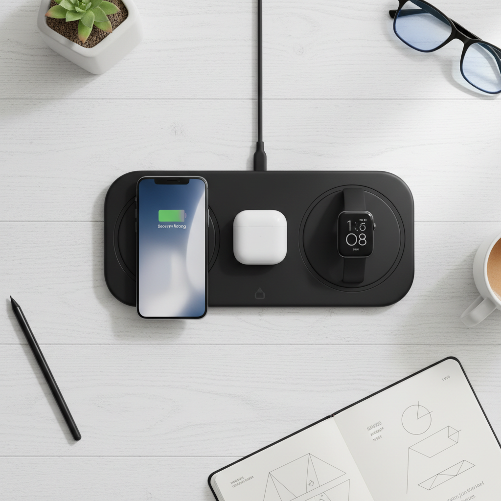 3-in-1 wireless charging pad on white desk charging smartphone, earbuds and smartwatch simultaneously