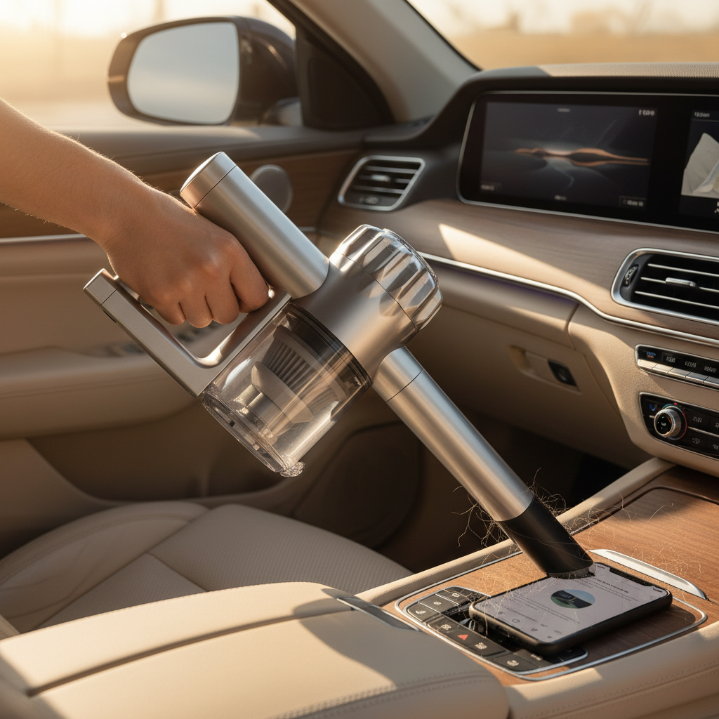 Handheld portable vacuum cleaner being used to clean a modern car interior with sunlight streaming through the window