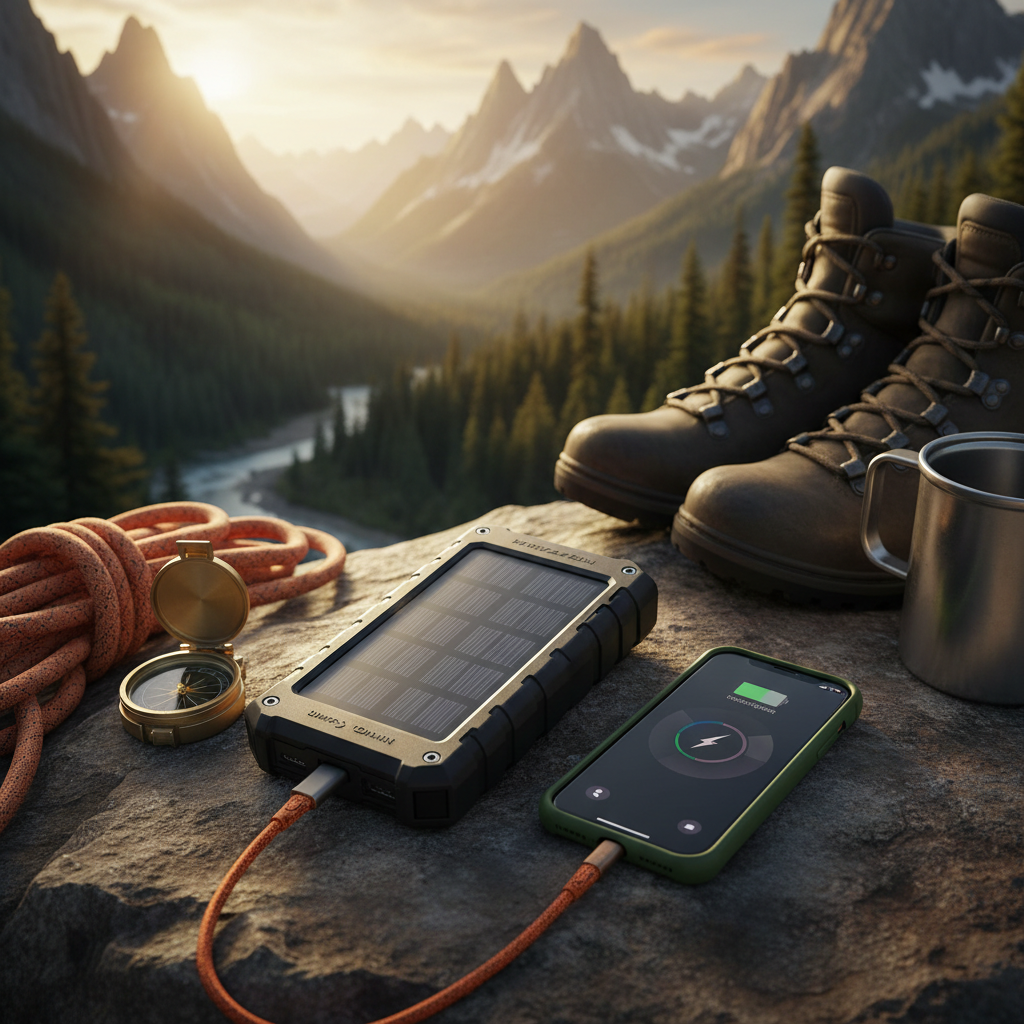 Solar power bank on outdoor rock surface charging a smartphone in golden hour sunlight with mountains in background