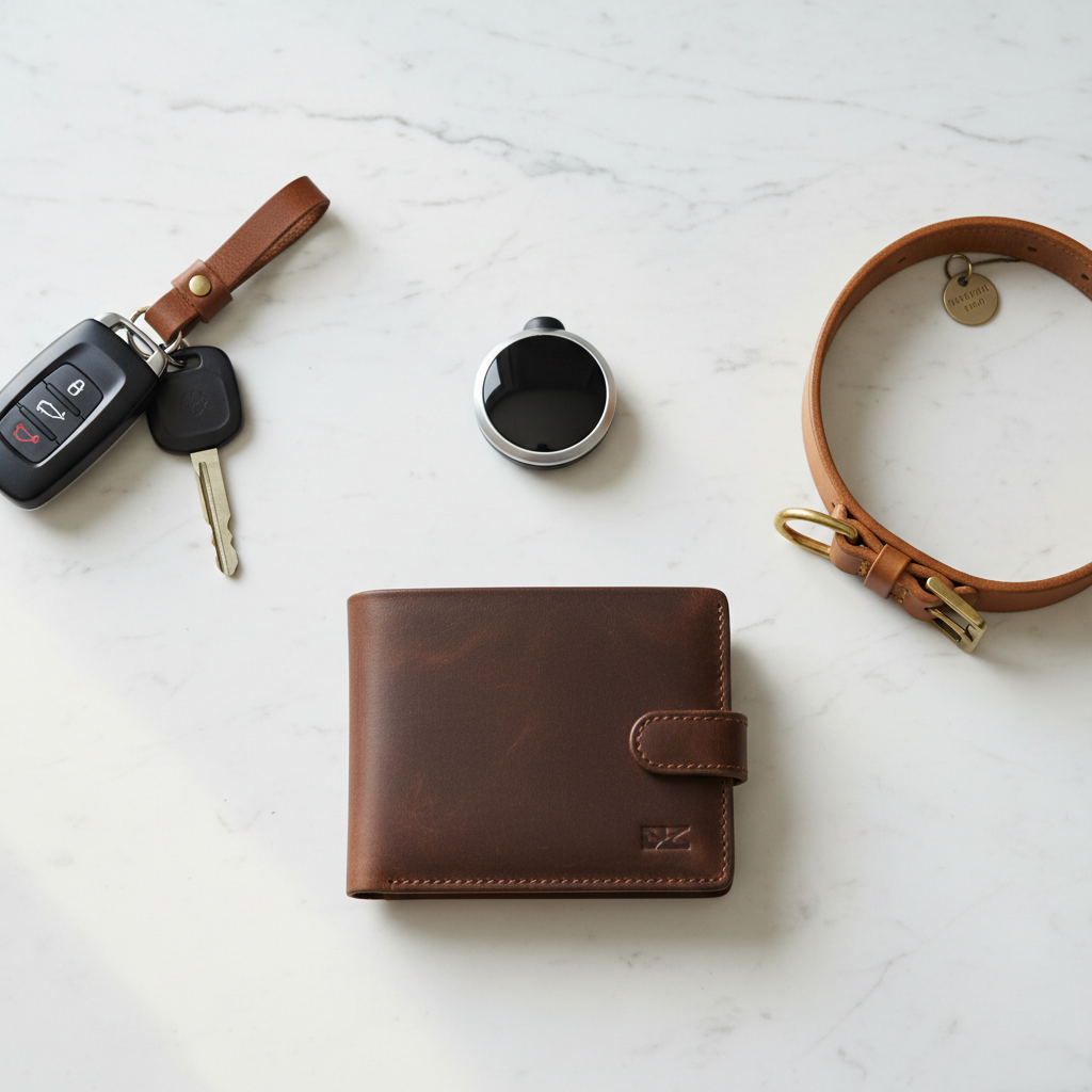 Mini GPS tracker next to car keys, dog collar and leather wallet on white marble surface